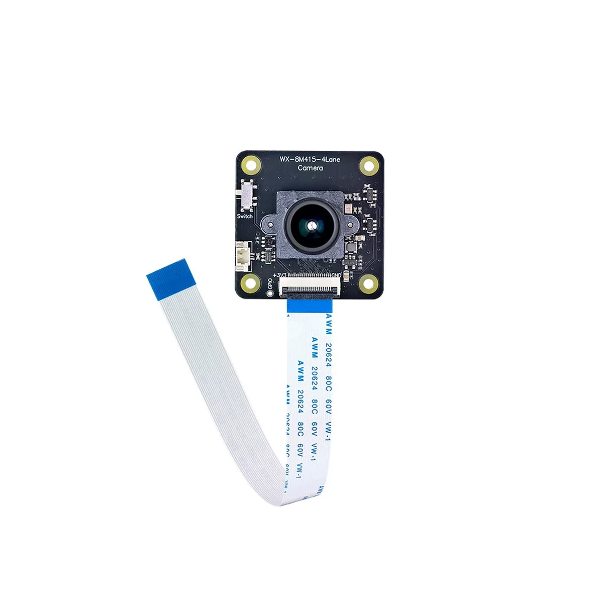 IMX415 camera module front view showing lens, switch and FPC connector