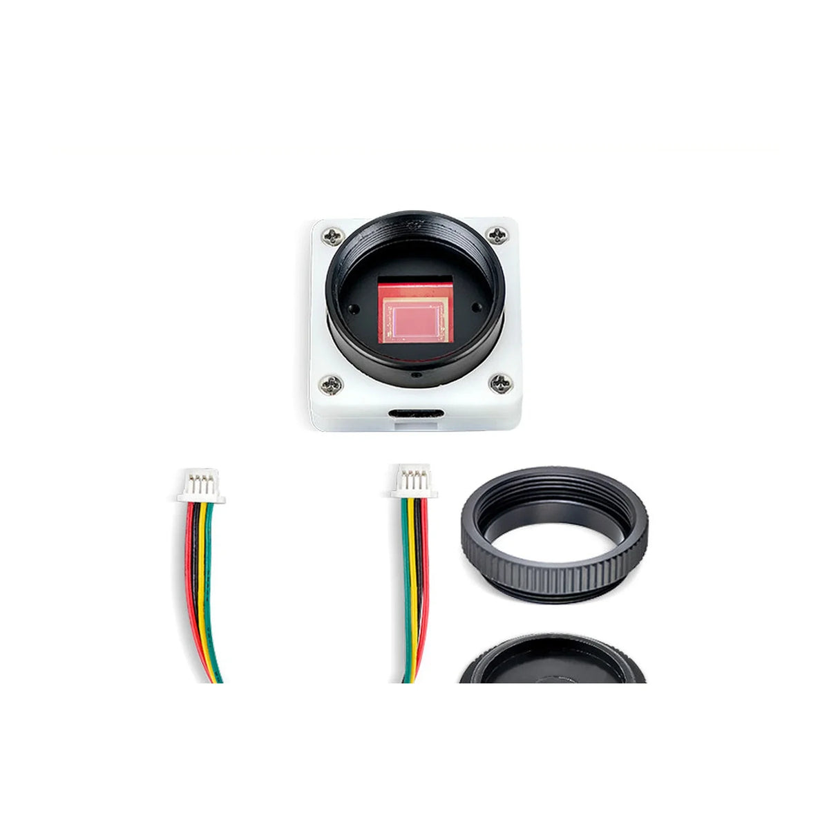 IMX577 camera body showing image sensor, adapter ring and cable