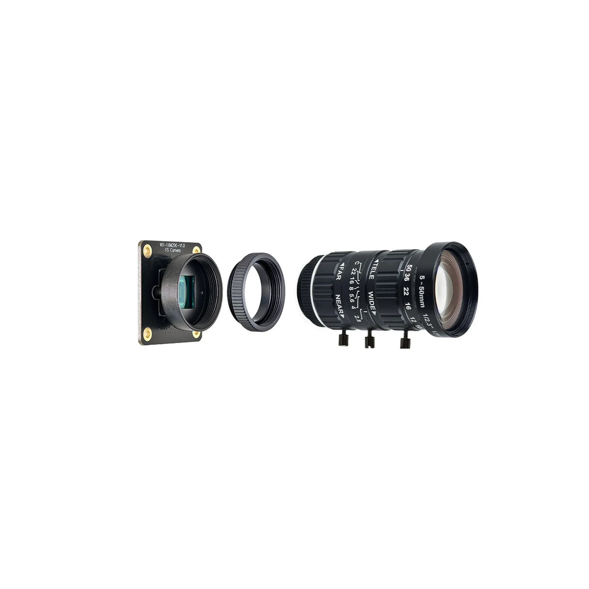 IMX296 module with adapter ring and 5–50 mm zoom lens