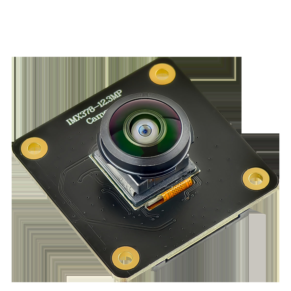 Angled view of IMX378 camera board with wide lens