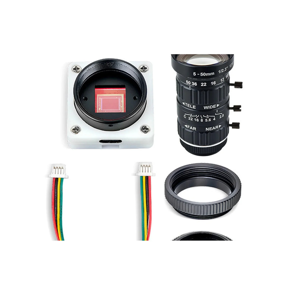 IMX577 camera body with separate 5–50 mm zoom lens and adapter ring