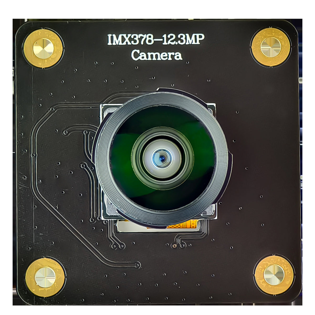 Front view of black IMX378 camera board with mounted lens