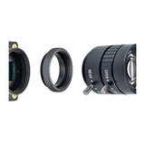 Close view of IMX296 module, adapter ring and long CCTV lens