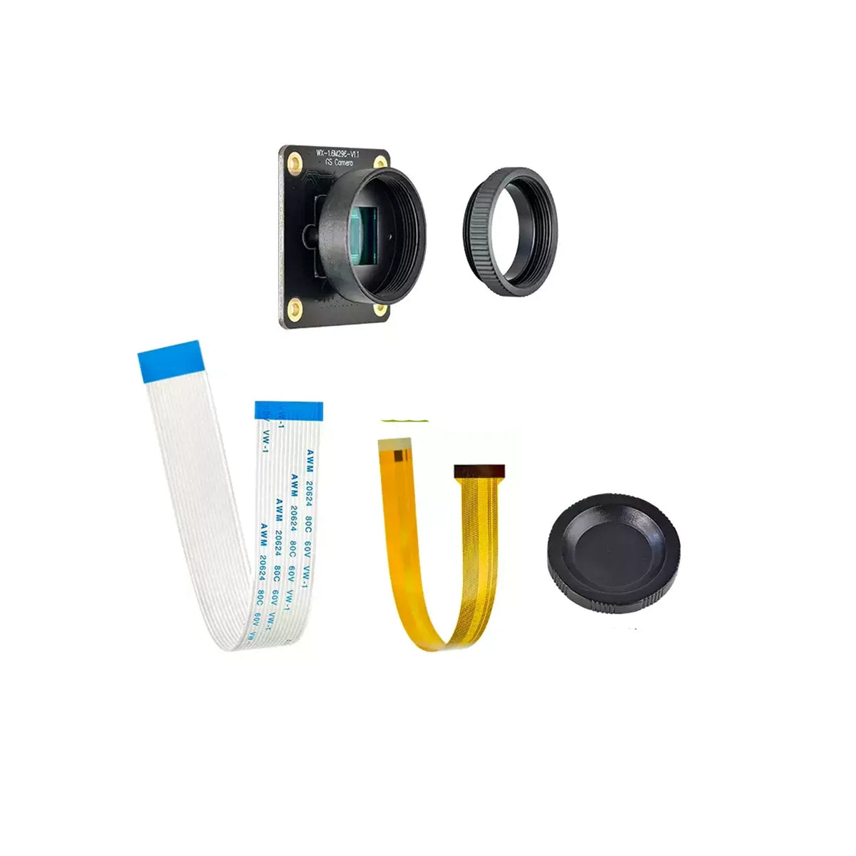 IMX296 camera module kit with ribbon cables, adapter ring and lens cap